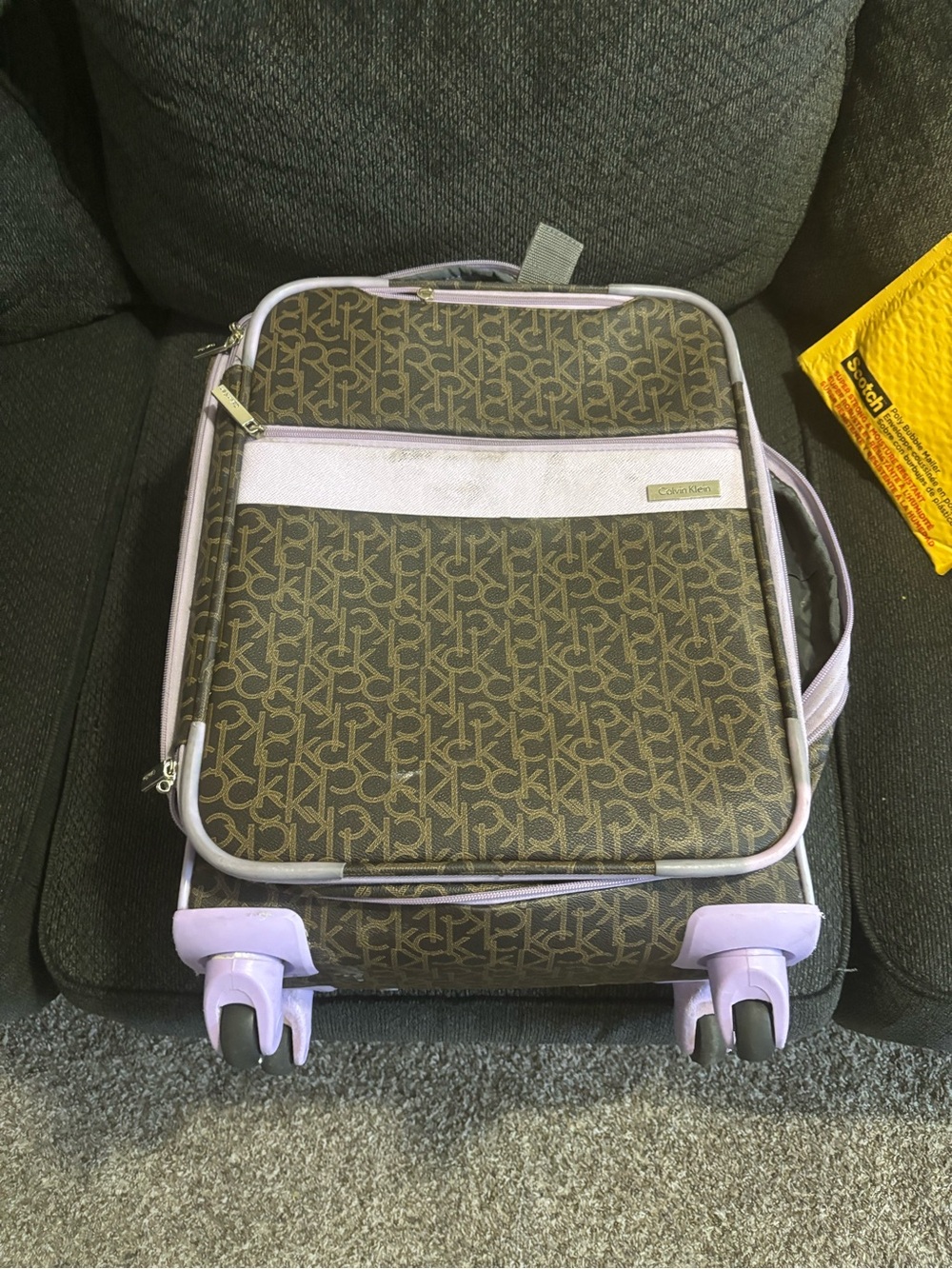 Calvin Klein Brown Monogram Carry-On with Lilac Trim